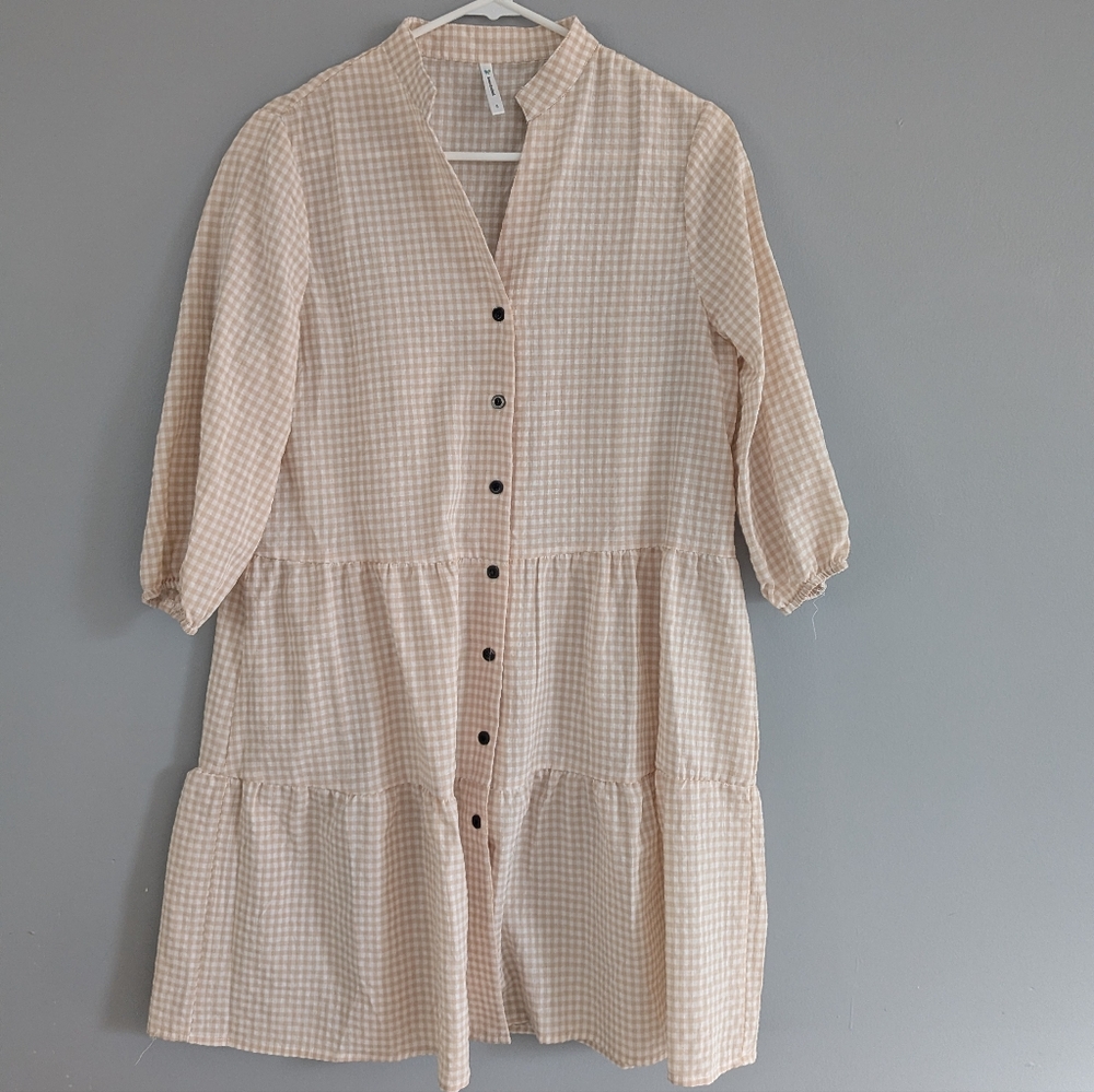 Beachsissi Beige Gingham Button Front Tiered Dress S‎ Cottagecore Milkmaid Dress